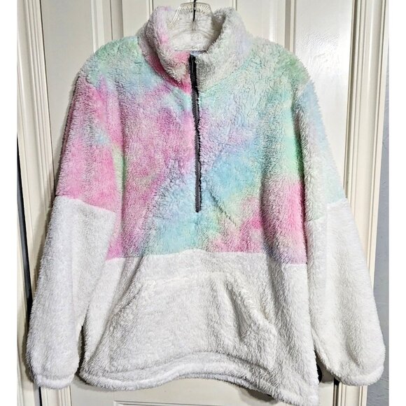Women Rainbow Tye Die Fluffy Sherpa Pullover Size M 1/4 Zip - Picture 1 of 6